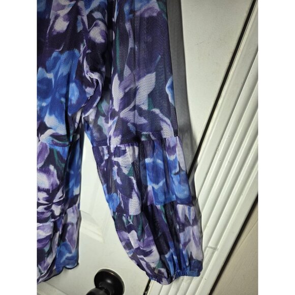 Terra & Sky Purple Blue Floral LS Chiffon Peasant Blouse Top 0X (14W) - Picture 3 of 6